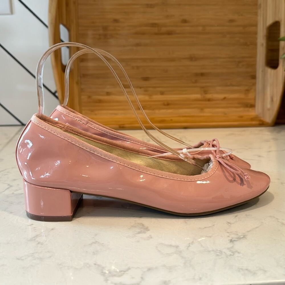 Topshop pink  bow tie mid block heel round toe faux patent leather office size 7
